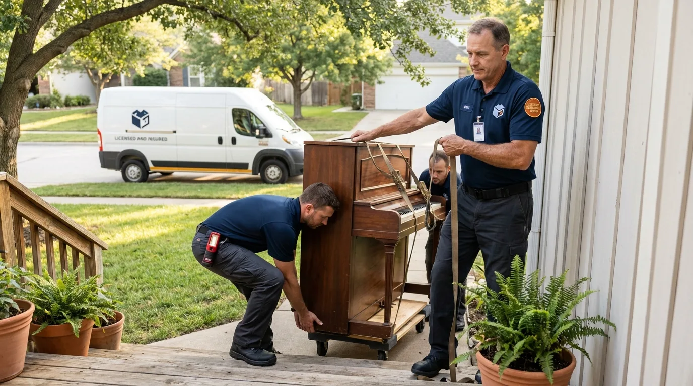 Licensed piano movers securing grand piano in Watertown, TN