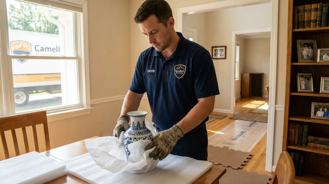 Professional crew carefully wrapping antique vase for senior downsizing move in Watertown, TN